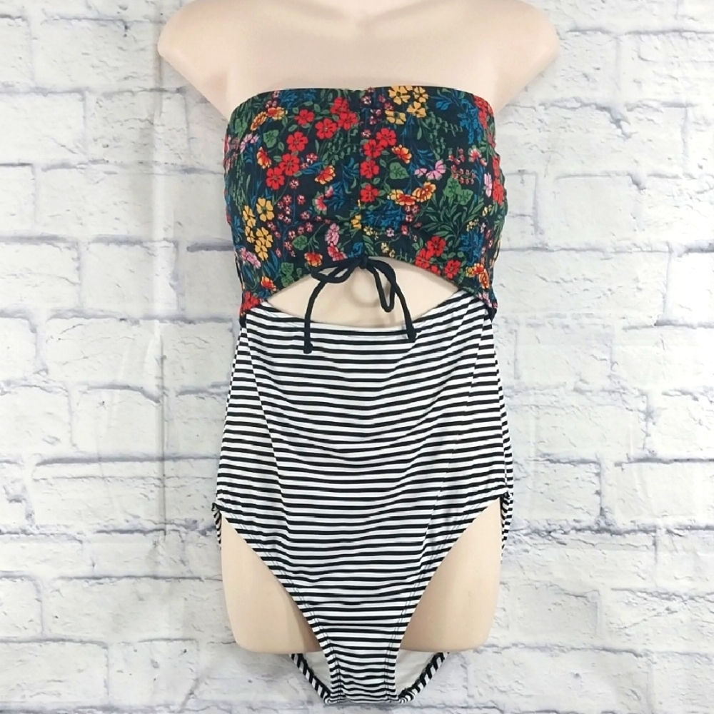 Time and Tru Floral Bandeau One-Piece Swimsuit with Black and White Stripes